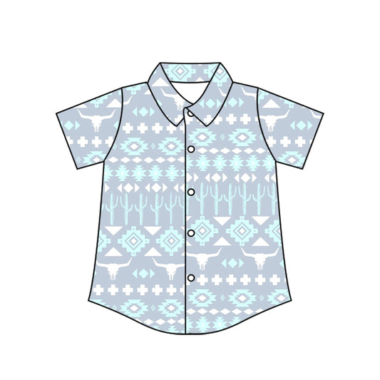 Preorder moq 10 Baby Boys Short Sleeves Bull Skull Aztec Button Shirts Top