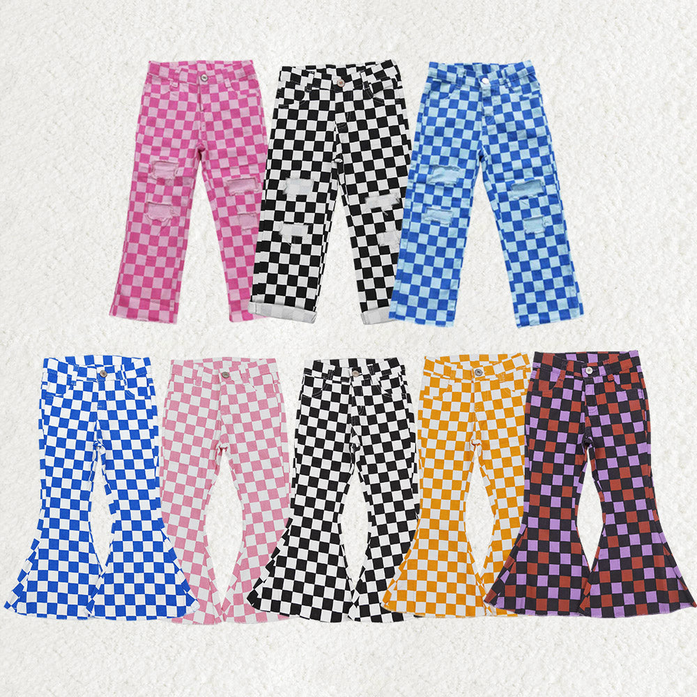 Sibling Girls Boys Checkered Denim Adjustble Waistband Jeans Pants