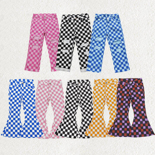 Sibling Girls Boys Checkered Denim Adjustble Waistband Jeans Pants