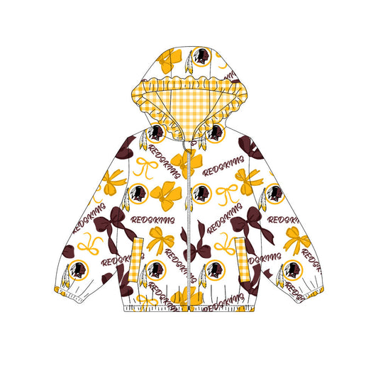 Preorder(moq 8)Baby Girls Orange Red Bows Redskins Pockets Zipper Team Ruffle Hoodies Jackets