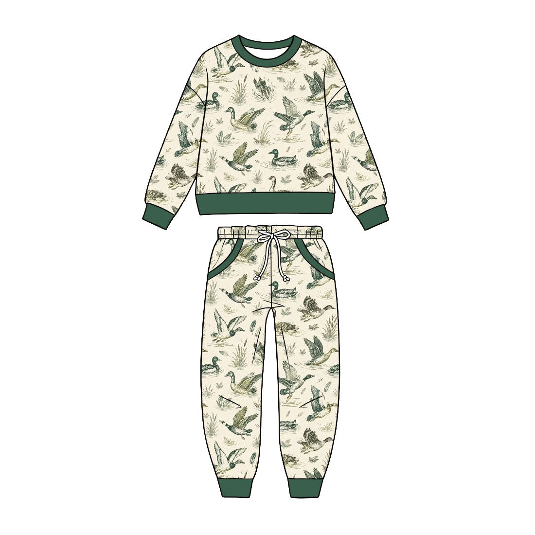 Preorder (moq 5) Baby Boy Duck Hunting Wetland Reed Print Long Sleeve Sweatshirt Jogger Pant Set