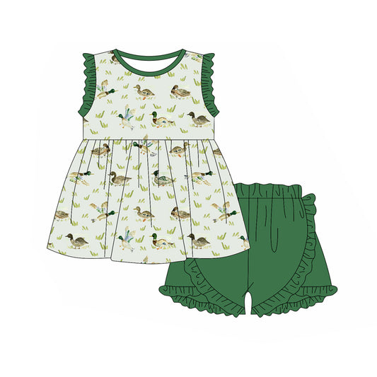 Preorder (moq 5)Baby Girls Mallard Ducks Tunic Top Ruffle Shorts Clothes Sets