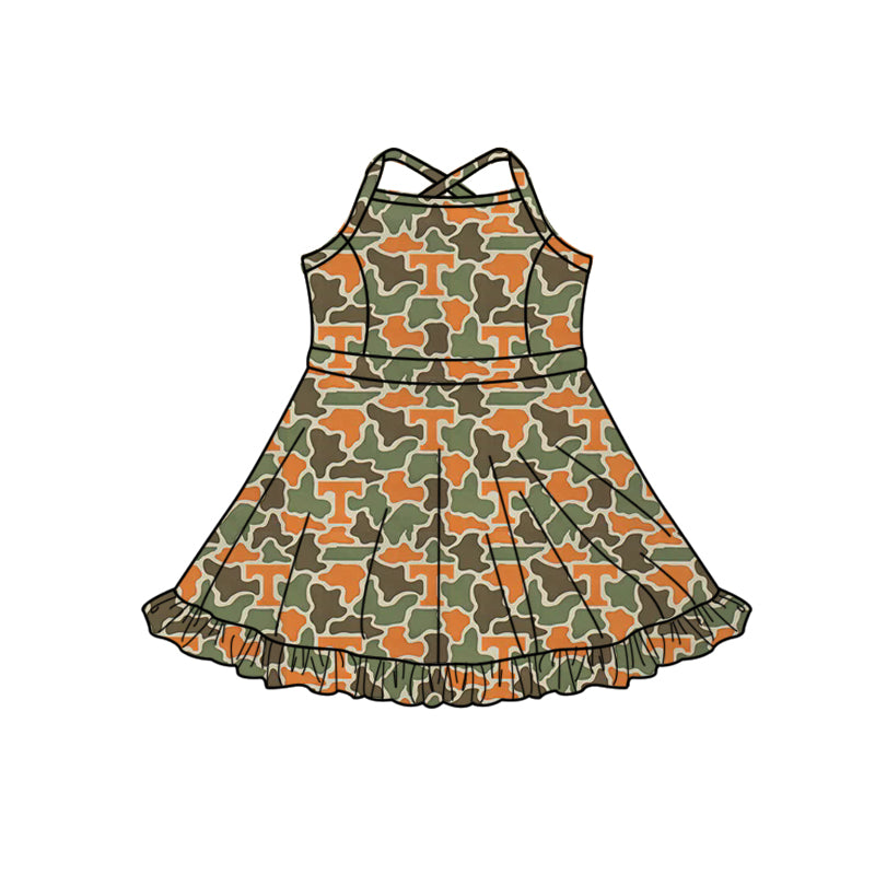 Preorder (moq 5)Baby Girls Strap Southern Orange Camo T Team Ruffle Knee Length Dress