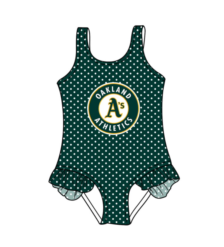 Preorder moq 5 Baby Girls Sleeveless Green Polka Dots Oakland Athletics Team Swimsuits
