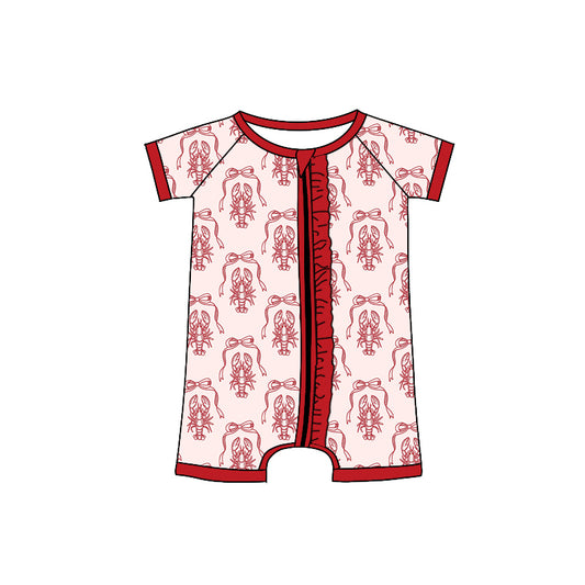 Preorder (moq 5)Baby Girls Short Sleeve Red Crayfishes Ruffle Zipper Shorts Rompers