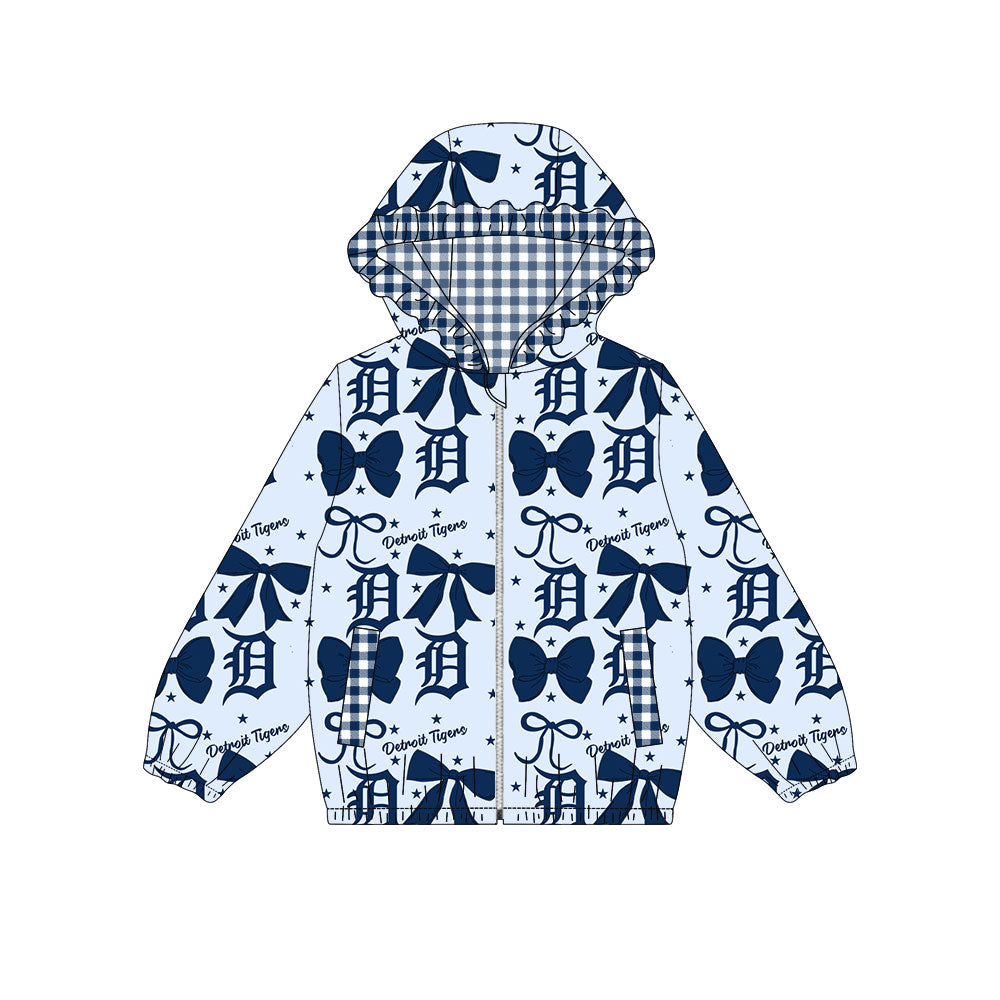Preorder(moq 8)Baby Girls Navy Bows Detroit Tigers Pockets Zipper Team Ruffle Hoodies Jackets
