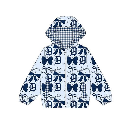 Preorder(moq 8)Baby Girls Navy Bows Detroit Tigers Pockets Zipper Team Ruffle Hoodies Jackets