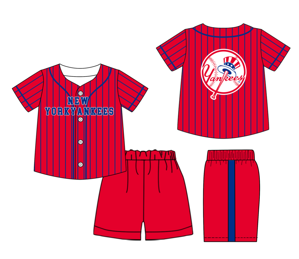 Preorder (moq 5)Baby Boys Blue Stripe New York Yankees Button Top Shorts Team Clothes Sets