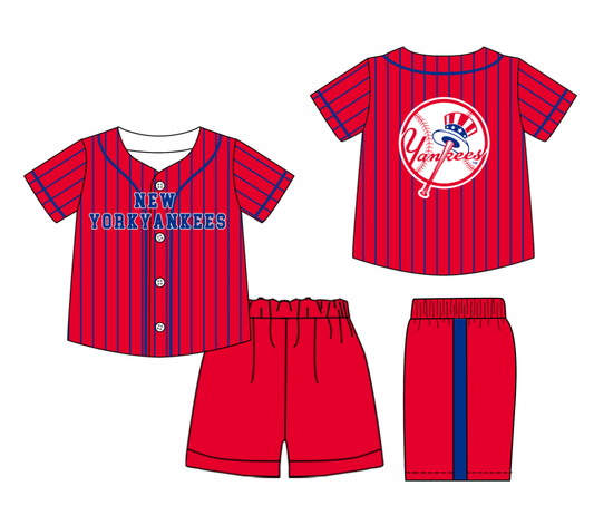 Preorder (moq 5)Baby Boys Blue Stripe New York Yankees Button Top Shorts Team Clothes Sets