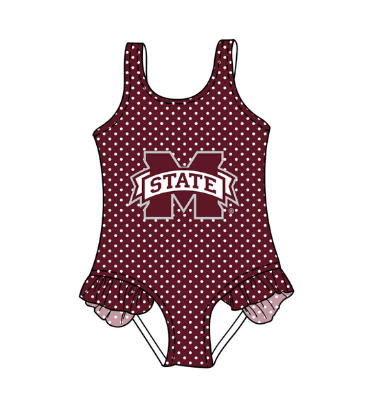 Preorder moq 5 Baby Girls Sleeveless Red Polka Dots M State Team Swimsuits