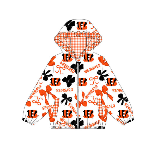 Preorder(moq 8)Baby Girls Black Orange Bows Bengals Pockets Zipper Team Ruffle Hoodies Jackets