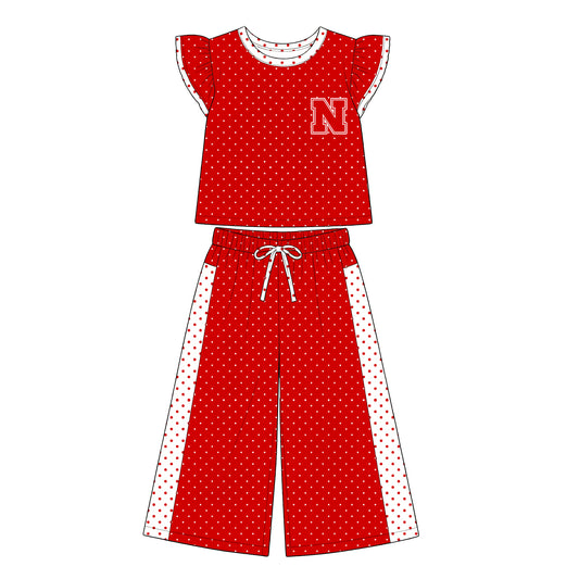 Preorder (moq 5)Baby Girls Flutter Sleeve Polka Dots Top Flare Pants Team Clothes Sets