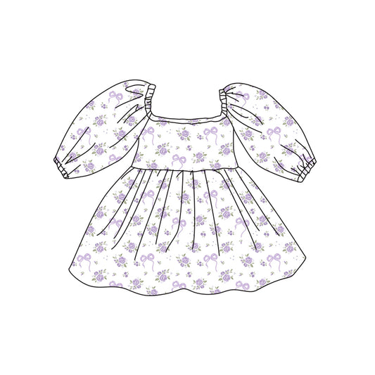 Preorder (moq 5)Baby Girls Lavender Bows Flowers Long Ruffle Sleeve Knee Length Dresses