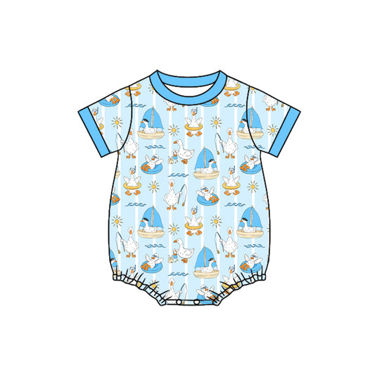 Preorder (moq 5)Baby Boys Short Sleeve Blue Stripe Gooses Boats Rompers