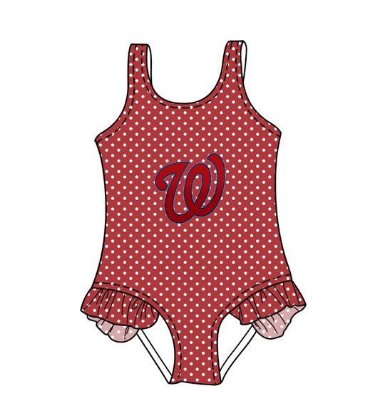 Preorder moq 5 Baby Girls Sleeveless Red Polka Dots W Team Swimsuits