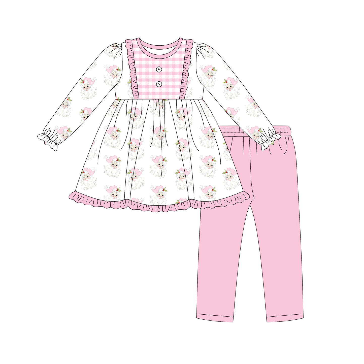 Preorder (moq 5)Baby Girls Long Ruffle Sleeves Pink Santa Plaid Button Tunic Legging Pants Set
