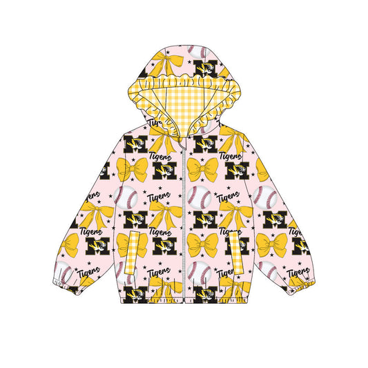 Preorder(moq 8)Baby Girls Yellow Bows M Tigers Pockets Zipper Team Ruffle Hoodies Jackets