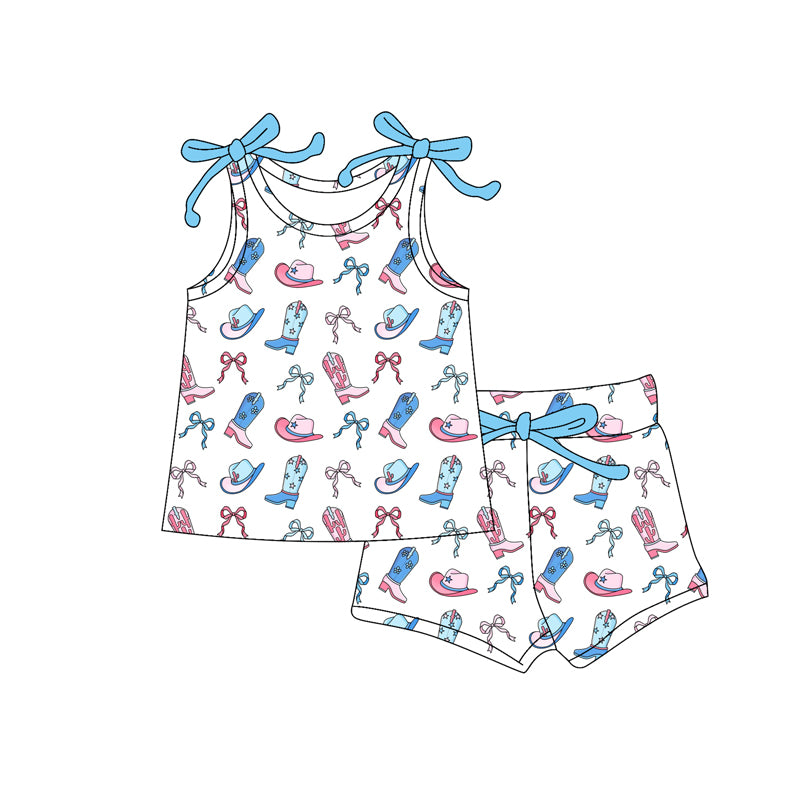 Preorder (moq 5)Baby Girls Sleeveless Blue Bows Boots Top Shorts With Belt Sets