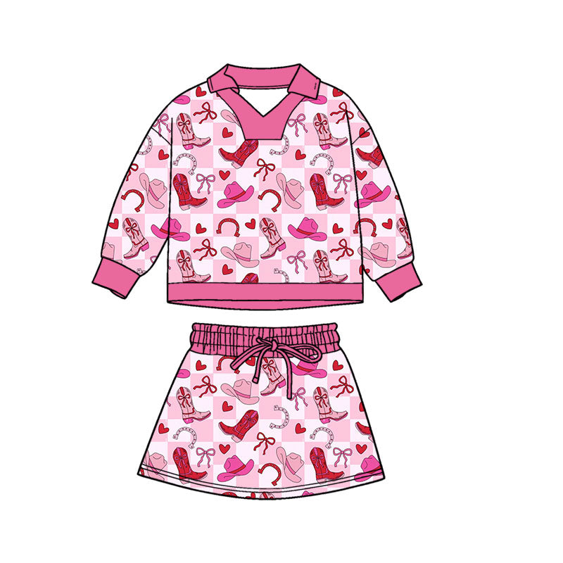 Preorder(moq 5) Baby Girls Pink Checked Boots Hearts Top Skirt Shorts Western Valentines Clothes Sets