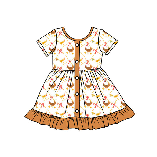 Preorder (moq 5)Baby Girls Bows Chicks Checked Button Ruffle Farm Knee Length Dresses