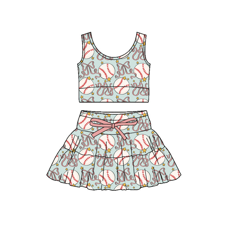 Preorder (moq 5)Baby Girls Sleeveless Baseballs Bows Vest Top Skirt Shorts Team Clothes Sets