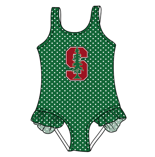 Preorder moq 5 Baby Girls Sleeveless Green Polka Dots S Tree Swimsuits