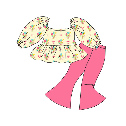 Preorder (moq 5)Baby Girls Colorful Bows Flowers Tunic Pink Bell Bottom Pants Clothes Sets