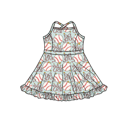 Preorder (moq 5)Baby Girls Strap Baseballs Bows Shorts Ruffle Team Knee Length Dresses