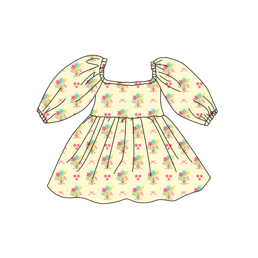 Preorder (moq 5)Baby Girls Colorful Bows Flowers Long Ruffle Sleeve Knee Length Dresses