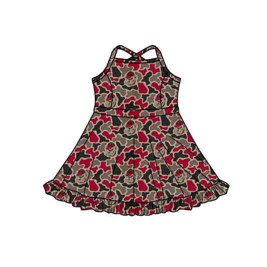 Preorder (moq 5)Baby Girls Strap Southern Red Camo Bulldogs Team Ruffle Knee Length Dress