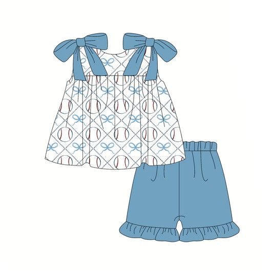 Preorder (moq 5)Baby Girls Blue Bows Baseballs Checked Tunic Ruffle Shorts Team Clothes Set