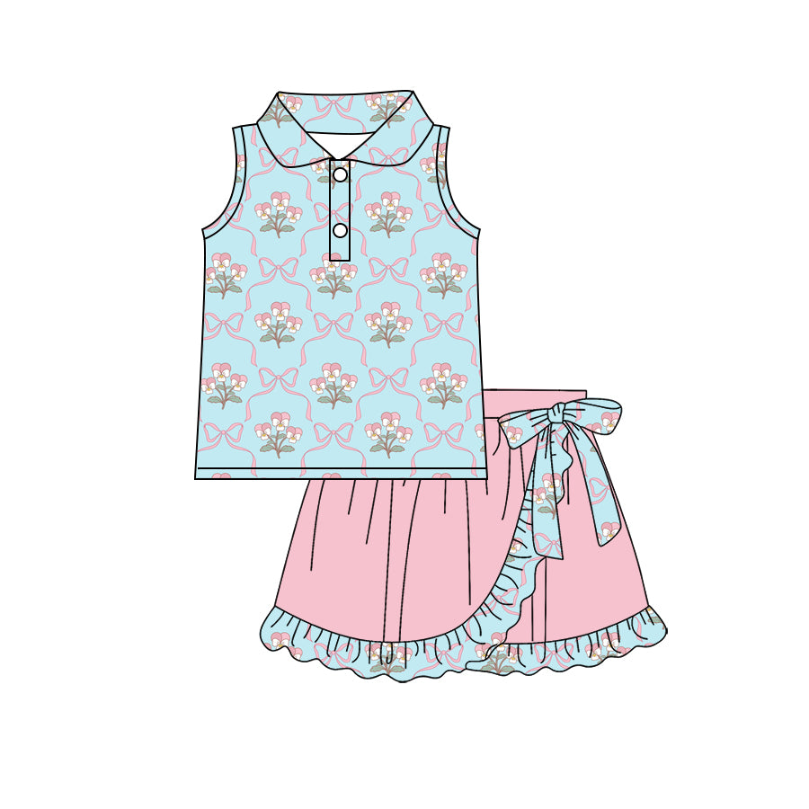 Preorder (moq 5)Baby Girls Bows Flowers Checked Button Top Ruffle Skirt Shorts Clothes Sets