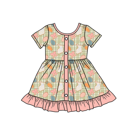 Preorder (moq 5)Baby Girls Carrots Rabbits Checked Button Ruffle Easter Knee Length Dresses