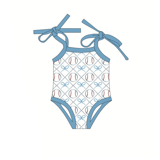 Preorder (moq 5)Baby Girls Blue Strap Bows Baseballs Checked Team Rompers