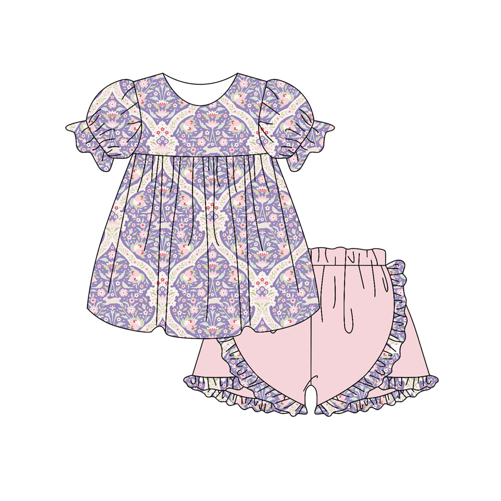 Preorder (moq 5)Baby Girls Flowers Checked Tunic Ruffle Shorts Clothes Sets