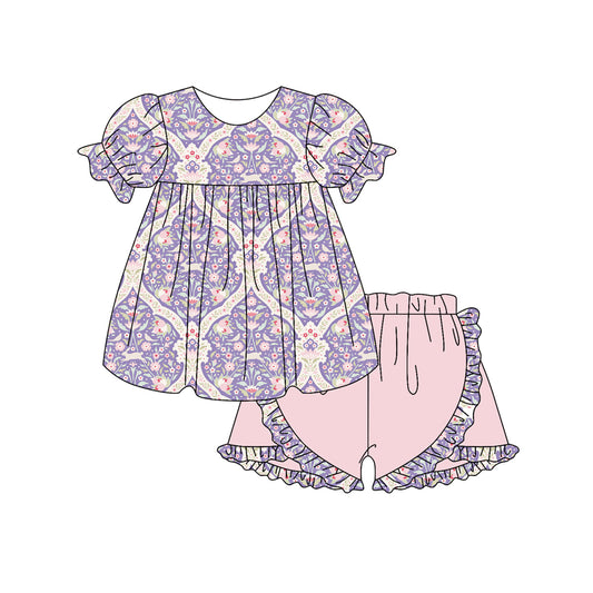 Preorder (moq 5)Baby Girls Flowers Checked Tunic Ruffle Shorts Clothes Sets