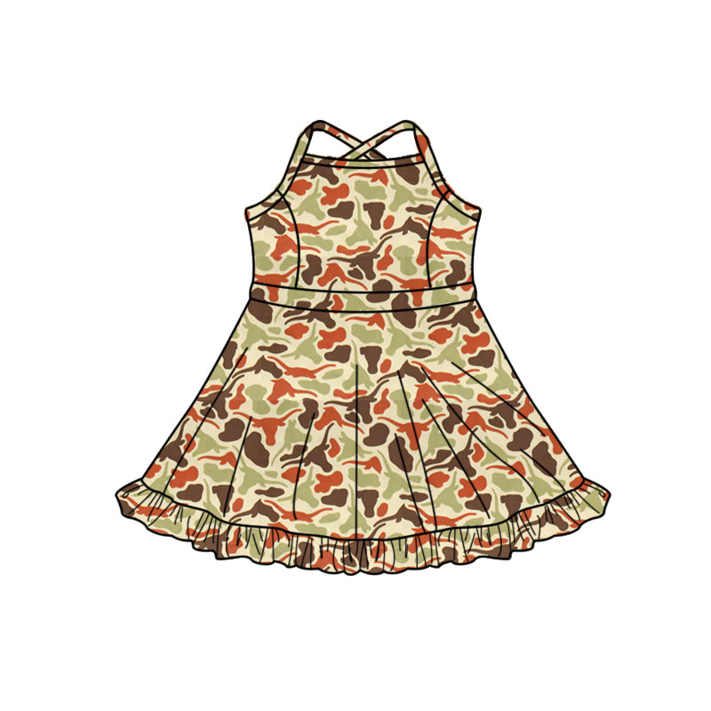 Preorder (moq 5)Baby Girls Strap Southern Camo Bull Skulls Team Ruffle Knee Length Dress