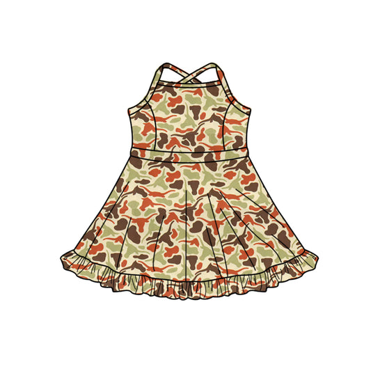 Preorder (moq 5)Baby Girls Strap Southern Camo Bull Skulls Team Ruffle Knee Length Dress