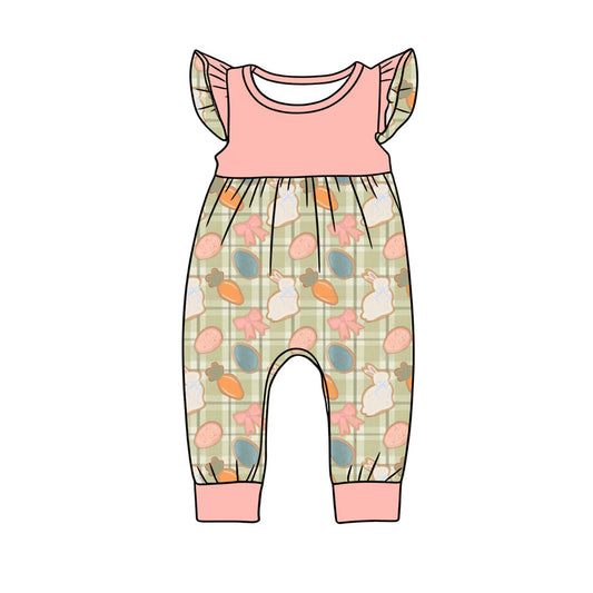 preorder(moq 5) Baby Girls Flutter Sleeve Carrots Rabbits Checked Easter Rompers