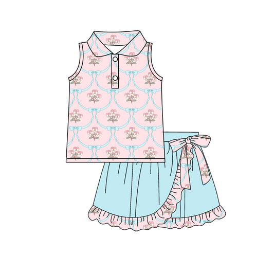 Preorder (moq 5)Baby Girls Bows Flowers Checked Button Top Ruffle Skirt Shorts Clothes Sets