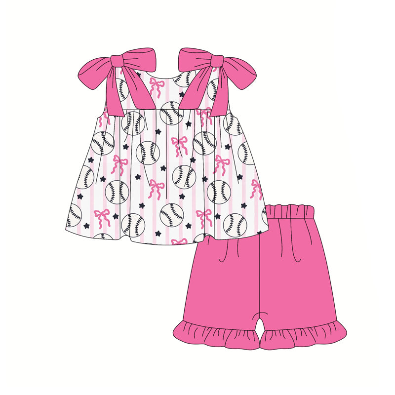 Preorder (moq 5)Baby Girls Pink Stripe Bows Baseballs Tunic Ruffle Shorts Team Clothes Set