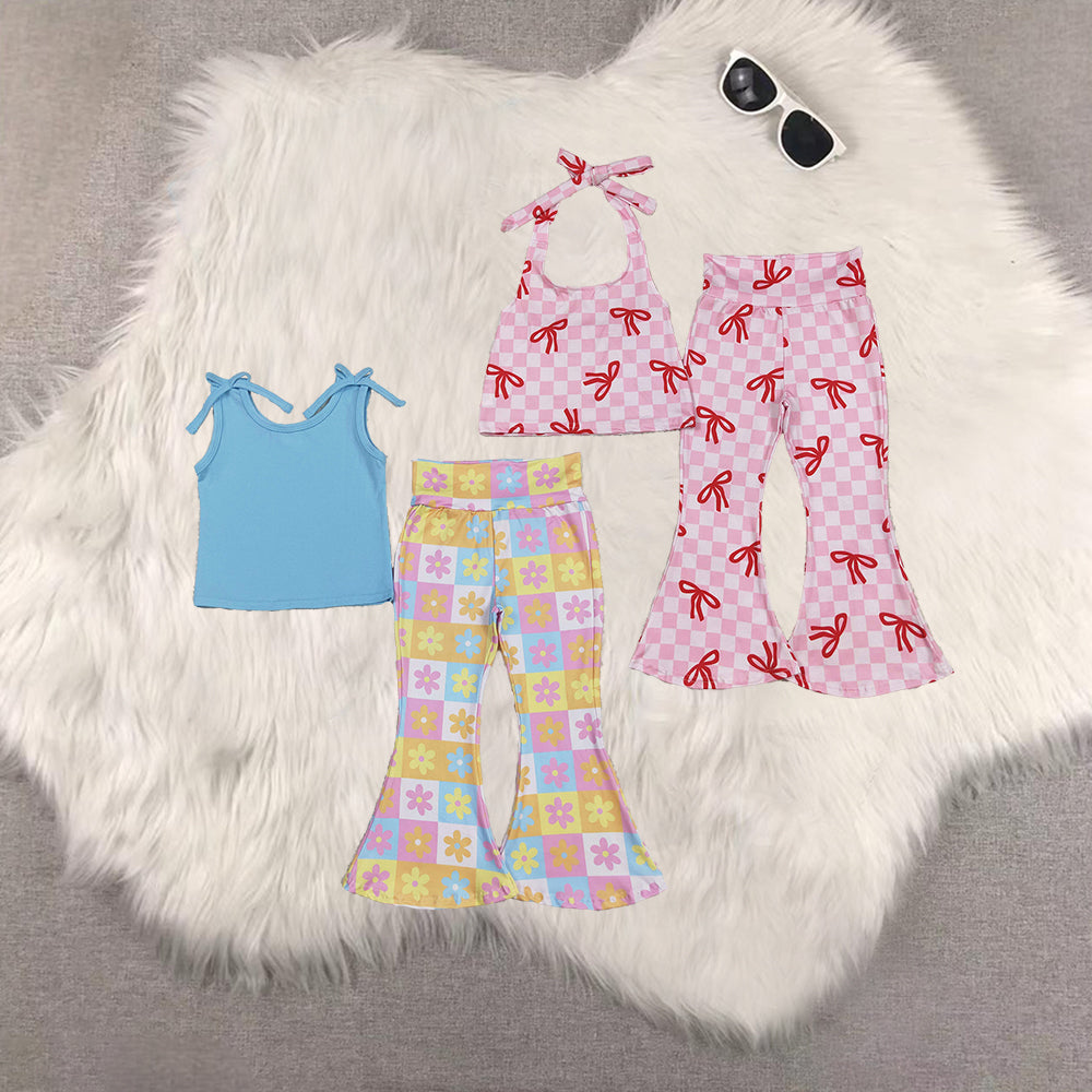 Sibling Baby Girls Bows Strap Shirt Top Plaid Bell Bottom Pant Sets