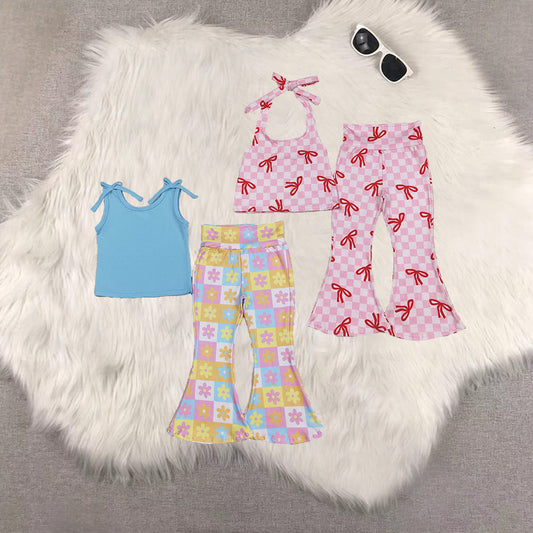 Sibling Baby Girls Bows Strap Shirt Top Plaid Bell Bottom Pant Sets