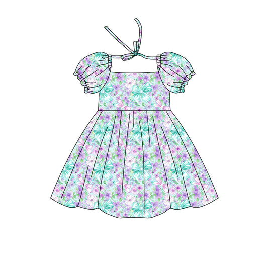 Preorder (moq 5)Baby Girls Short Ruffle Sleeve Colorful Bows Flowers Knee Length Dress