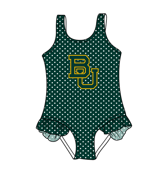 Preorder moq 5 Baby Girls Sleeveless Green Polka Dots BU Swimsuits