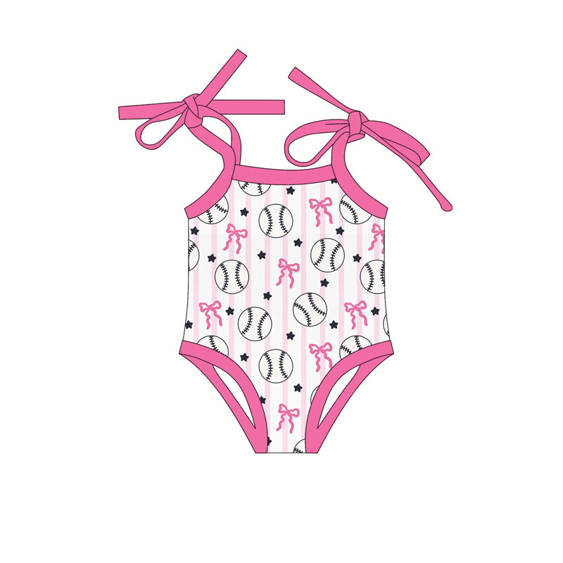 Preorder (moq 5)Baby Girls Pink Strap Bows Baseballs Stripe Team Rompers
