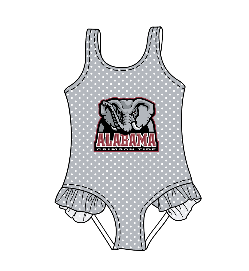 Preorder moq 5 Baby Girls Sleeveless Grey Polka Dots Elephant Alabama Team Swimsuits