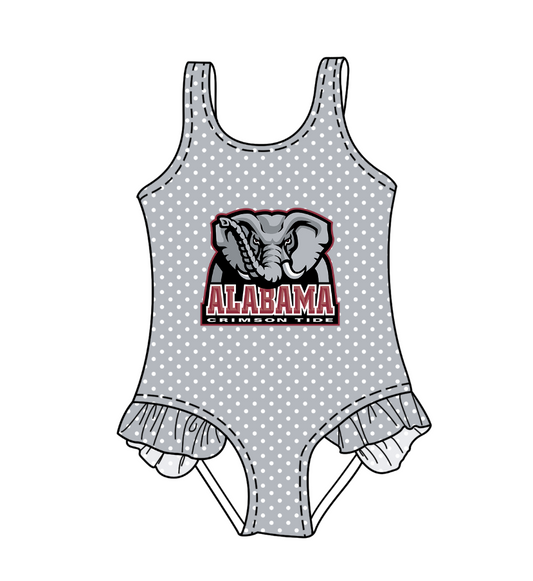 Preorder moq 5 Baby Girls Sleeveless Grey Polka Dots Elephant Alabama Team Swimsuits