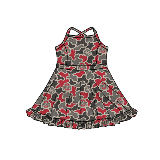 Preorder (moq 5)Baby Girls Strap Southern Camo Ohiostate Team Ruffle Knee Length Dress