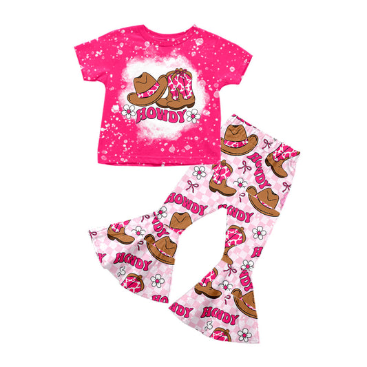 Preorder(moq 8)Baby Girls Pink Checked Hats Boots Howdy Top Bell Bottom Pants Western Clothes Sets